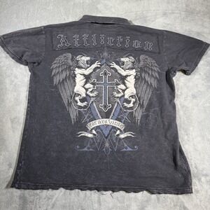 Vintage Affliction Men's Polo Shirt Size 2XL Faded Navy Thrashed Y2K